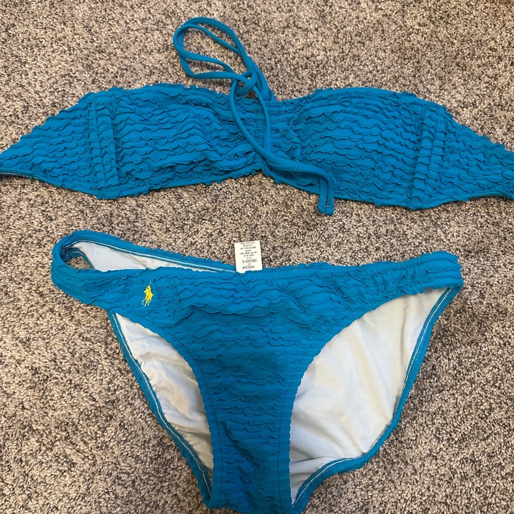 Ralph Lauren Blue Bikini Set with Ruffle Detail